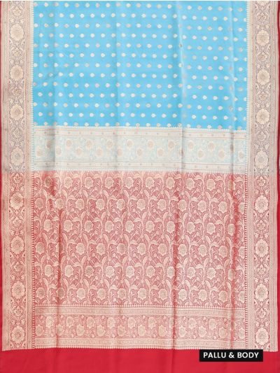 BlossomEase Semi Banarasi Leaf Butta with Red Floral Pallu Saree