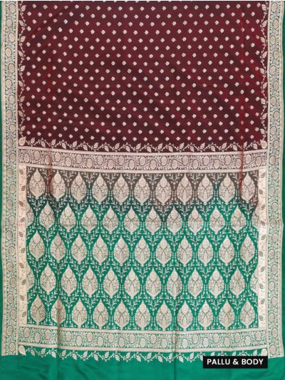 BlossomEase Semi Banarasi Leaf Butta with Green Paisley Pallu Saree