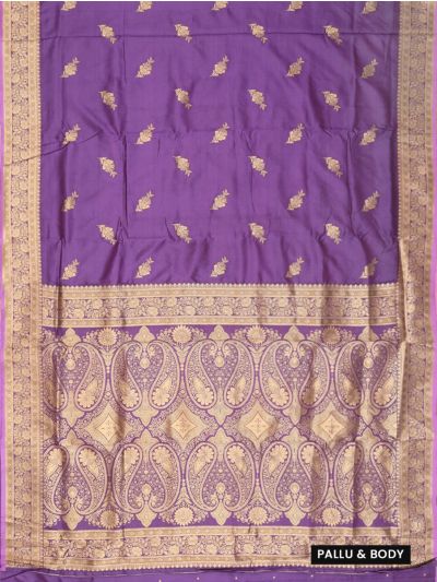 BlossomEase Semi Banarasi Muted Purple  floral motifs with antique zari Border Saree
