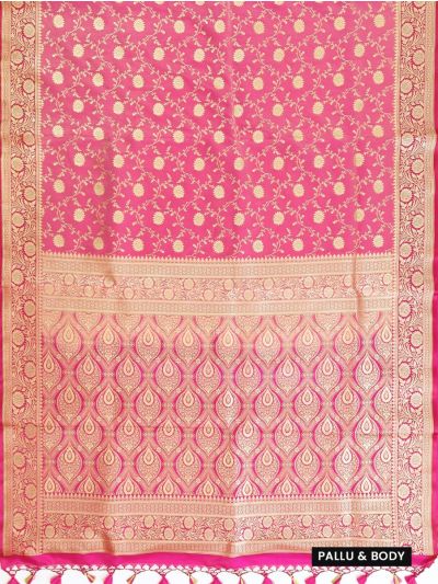 BlossomEase Semi Banarasi Gajari Pink floral motifs with antique zari Border Saree