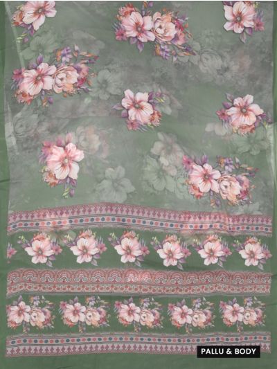 Gracecharm Sage Green Semi Jute Floral Butta with Floral Vine Pallu Saree