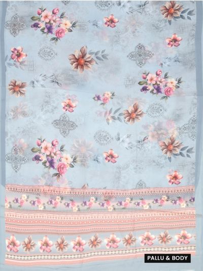 Gracecharm Pantone Dusty Blue Semi Jute Floral Butta with Floral Vine Pallu Saree