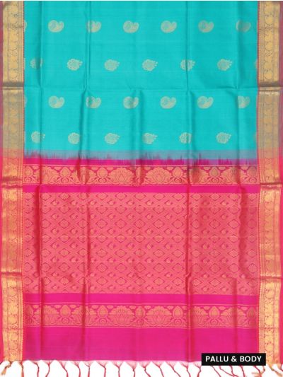 Gracecharm Elegant Kathirippu Silk Cotton Turquoise Blue Butta Design with Border Saree