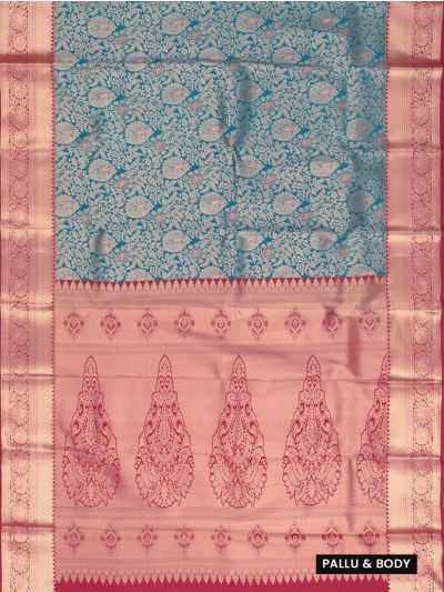 Gracecharm Gift Art Silk Floral Butta Checks Turquoise Blue with Zari Pallu Border Saree