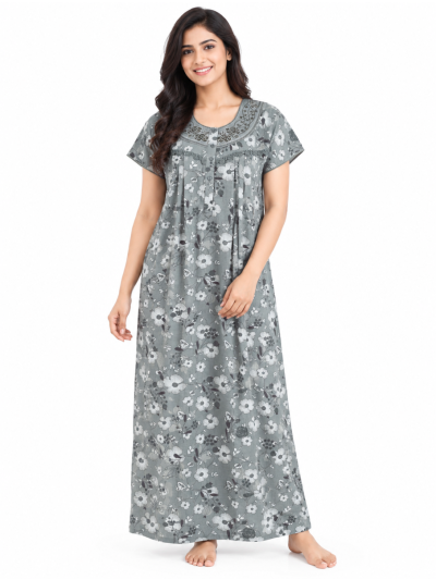 EasyCharm Cotton Floral Print Embroidered Yoke Nighty