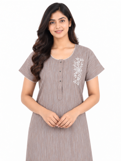 EasyCharm Rayon Slub Textured Leafy Vine Embroidered Nighty