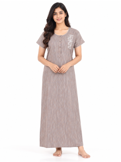 EasyCharm Rayon Slub Textured Leafy Vine Embroidered Nighty