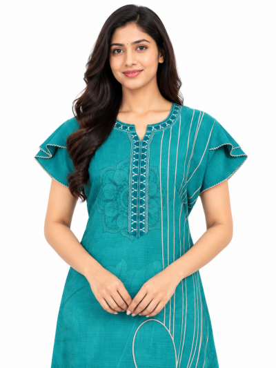 EasyCharm Rayon Abstract Floral Printed Layered Sleeve Nighty