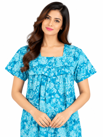 EasyCharm Cotton Floral Print Smocked Yoke Nighty