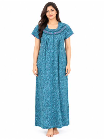 EasyCharm Cotton Floral Vine Print Pleated Yoke Nighty