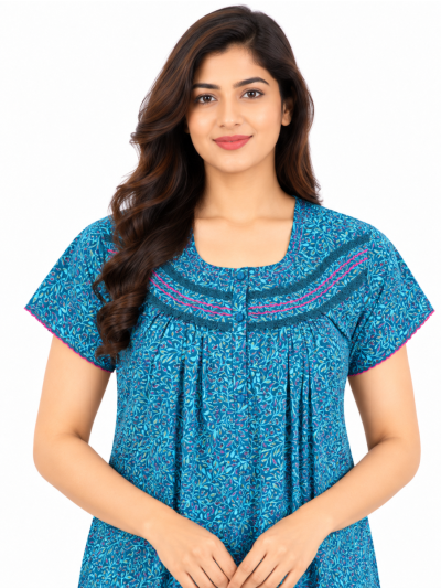 EasyCharm Cotton Floral Vine Print Pleated Yoke Nighty