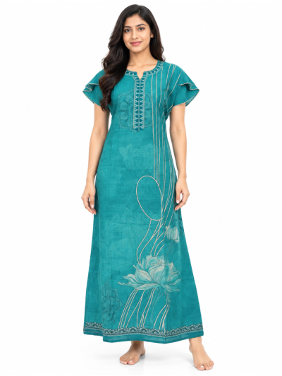 EasyCharm Rayon Abstract Floral Printed Layered Sleeve Nighty