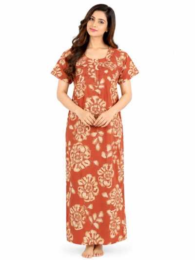 EasyCharm Cotton Rust Orange Floral Print Nighty