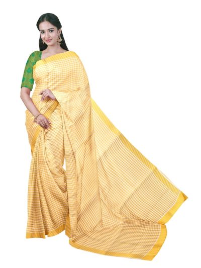 Kerala Cotton Micro Gingham Check Striped Border Saree
