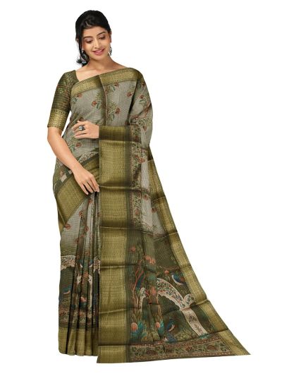 BlossomEase Art Tussar Peacock Arch Floral Design with Border Saree