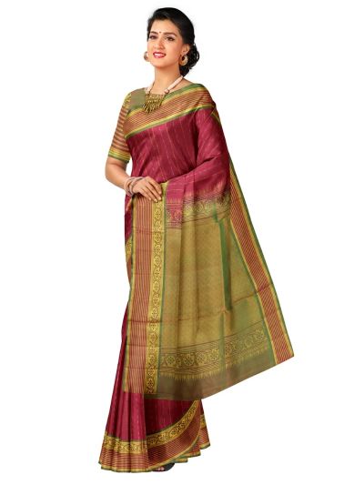 Kanmanie Soft Silk Geometric Stripes Butta with 6 Inch Tissue Border Saree