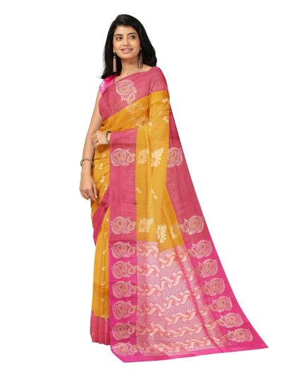 Mau Fancy Striped and Floral Butta Design with Contrast Border Saree