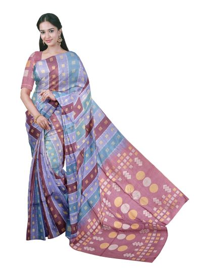 Gracecharm Art Dupion Striped Square Butta Geometric Circle Pallu Saree