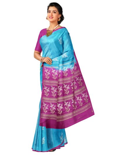 Kanmanie Soft Silk Floral Butta with Geometric Stripes and 1 Inch Satin Border Saree