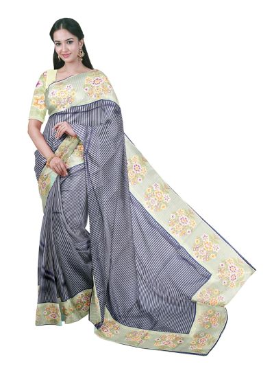 Gracecharm Semi Dupion Pinstripe Multicolour Floral Tree Border Saree