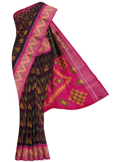 Gracecharm Pure Soft Silk Ikat Geometric Motif Contrast Border Saree