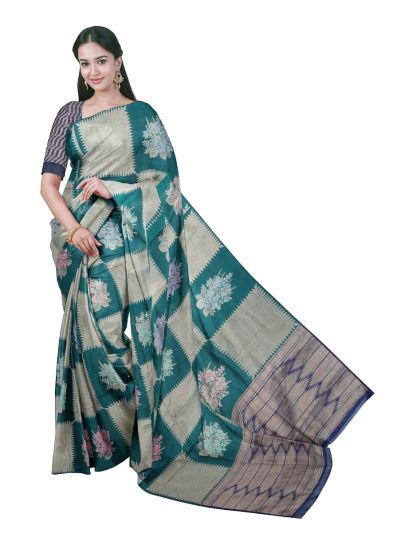 Gracecharm Kota Tussar Floral Bouquet Check Serrated Zigzag Pallu Saree
