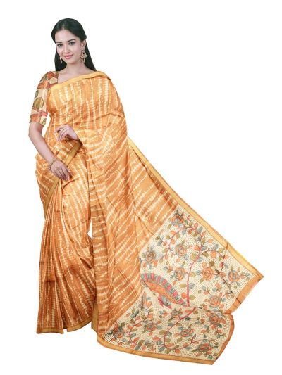 Gracecharm Semi Tussar Shibori Stripe with Peacock Floral Pallu Saree