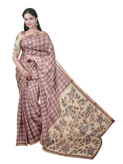 Gracecharm Semi Tussar Check with Peacock Floral Tree Pallu Saree