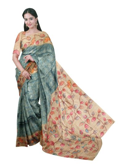 Gracecharm Semi Tussar Floral Grid with Floral Vine Pallu Saree