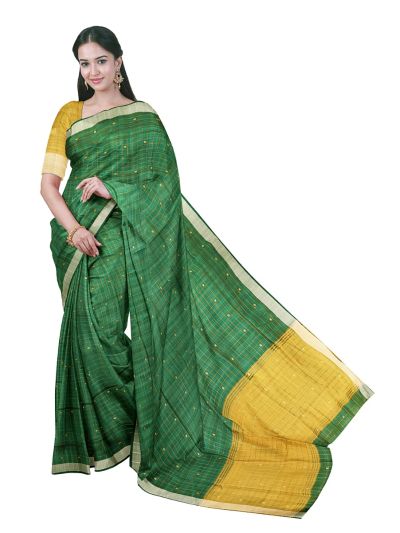 Gracecharm Chettinad Cotton Checkered Square Butta with Contrast Pallu Saree