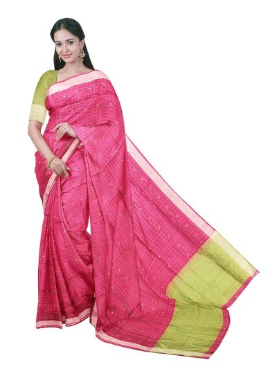 Gracecharm Chettinad Cotton Check Butta with Contrast Pallu Saree  
