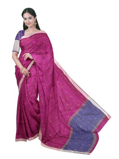 Gracecharm Chettinad Cotton Checked Square Butta with Contrast Pallu Saree