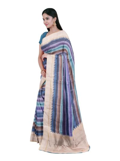 Gracecharm Semi Linen Multicolor Stripe with Temple Edge Pallu Saree