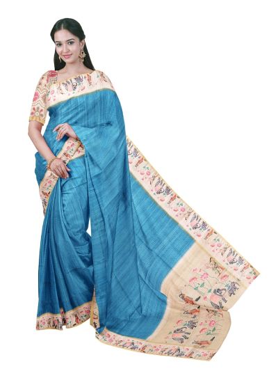 Gracecharm Semi Linen Dotted Stripe with Elephant Lotus Pictorial Pallu Saree