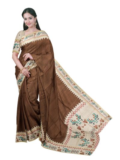 Gracecharm Semi Linen Dotted Stripe with Tribal Folk Art Pallu Saree
