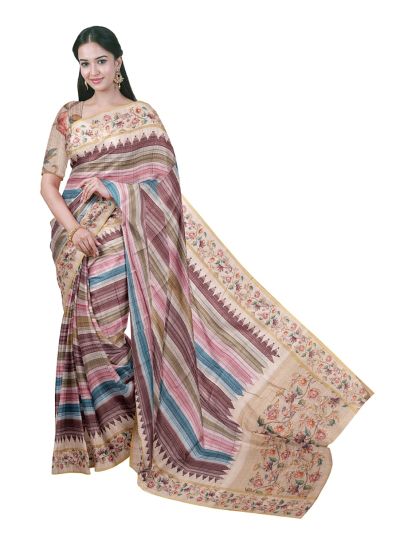 Gracecharm Semi Linen Multicolor Stripe with Bird Floral Vine Pallu Saree