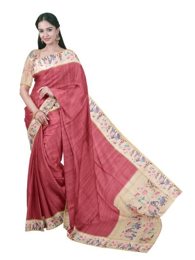 Gracecharm Semi Linen Stripe with Elephant Lotus Pictorial Pallu Saree