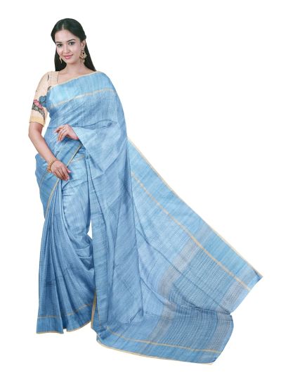 Gracecharm Semi Linen Dotted Stripe with Horizontal Stripe Pallu Saree