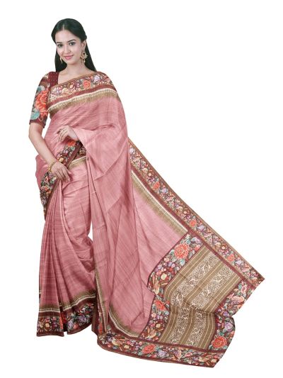 Gracecharm Semi Linen Stripe with Bird Floral Geometric Pallu Saree