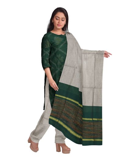 Graceful Essence Silk Cotton Bottle Green Geometric Diamond Ikat Dress Material