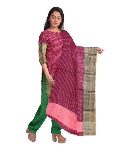 Graceful Essence Kanchi Cotton Fine Check with Geometric Border Dress Material