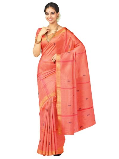 Kanmanie Vazhainaar Pattu Coral Orange Black Butta Saree