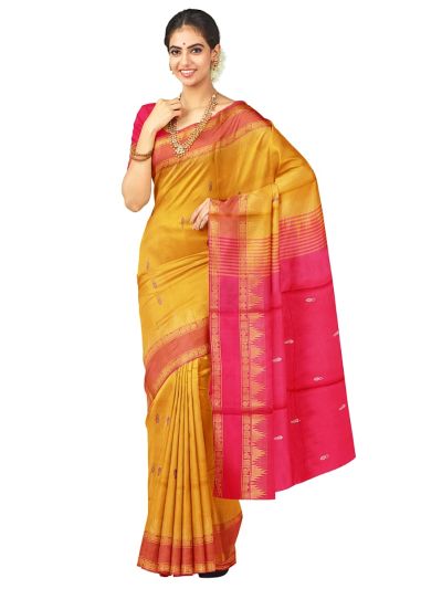 Kanmanie Vazhainaar Pattu Mustard Yellow Rani Pink Butta Saree