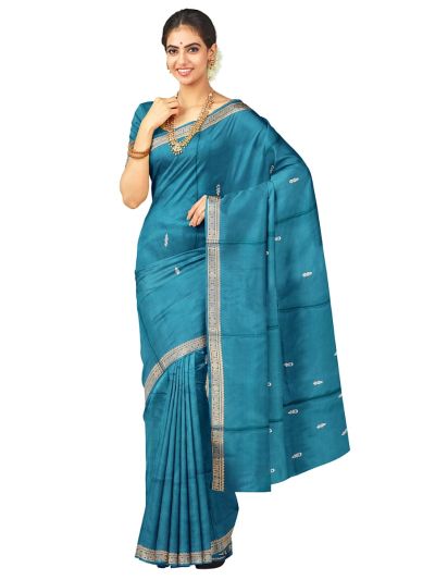 Kanmanie Vazhainaar Pattu Teal Blue Silver Butta Saree