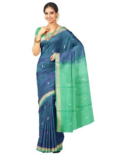 Kanmanie Vazhainaar Pattu Teal Blue Silver Butta Green Pallu Saree