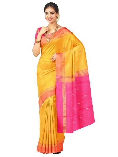 Kanmanie Vazhainaar Pattu Mustard Yellow Pink Butta Pallu Saree