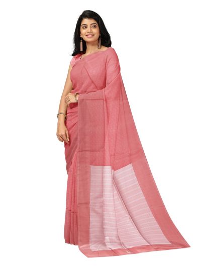 Kanmanie Softy Silk Coral Pink Self Weave Zari Stripe Pallu Saree