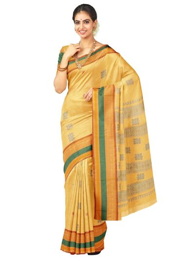 Kanmanie Cotton Floral Butta with Geometric Stripe Pallu Saree