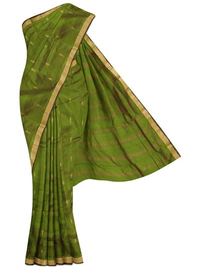 Traditional Nine Yards Silk Olive Peacock Butta Striped Pallu Saree