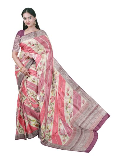 Banarasi Katan Silk Diagonal Floral Vine Striped Saree